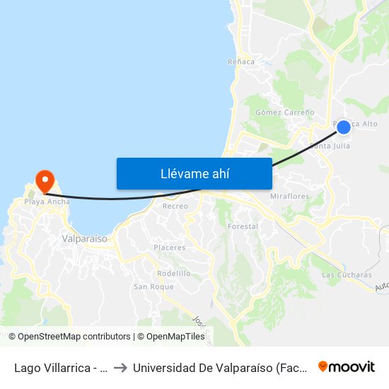 Lago Villarrica - Los Fiordos to Universidad De Valparaíso (Facultad De Arquitectura) map