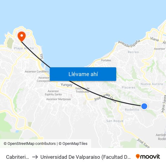 Cabriteria Sur to Universidad De Valparaíso (Facultad De Arquitectura) map