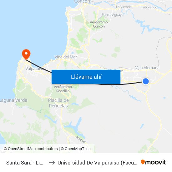 Santa Sara - Límite Urbano to Universidad De Valparaíso (Facultad De Arquitectura) map