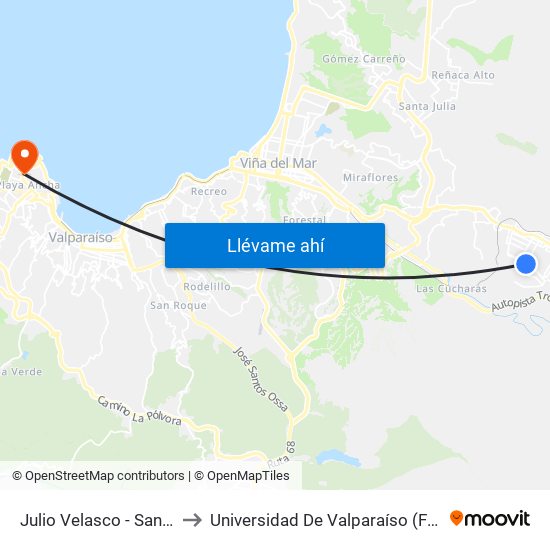 Julio Velasco - San Francisco / Este to Universidad De Valparaíso (Facultad De Arquitectura) map