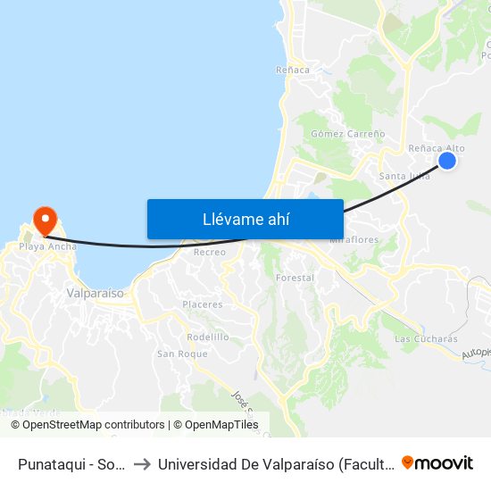 Punataqui - Sol Naciente to Universidad De Valparaíso (Facultad De Arquitectura) map