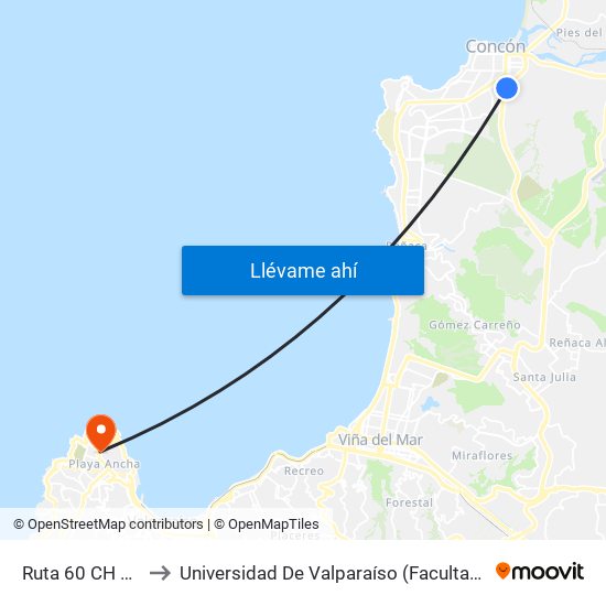 Ruta 60 CH Poniente to Universidad De Valparaíso (Facultad De Arquitectura) map