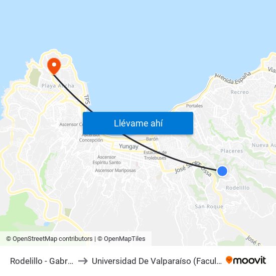 Rodelillo - Gabriela Mistral to Universidad De Valparaíso (Facultad De Arquitectura) map