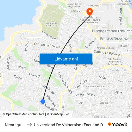 Nicaragua, 437 to Universidad De Valparaíso (Facultad De Arquitectura) map