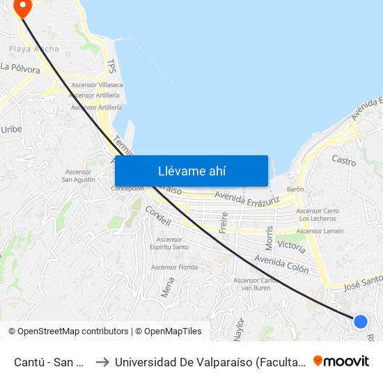 Cantú - San Bernardo to Universidad De Valparaíso (Facultad De Arquitectura) map