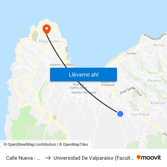 Calle Nueva - Ramaditas to Universidad De Valparaíso (Facultad De Arquitectura) map