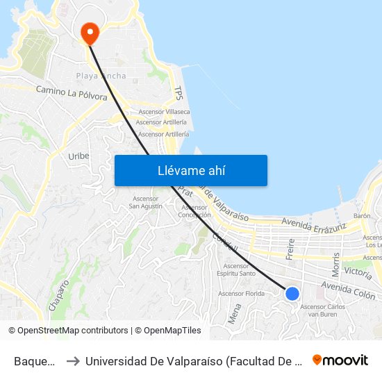 Baquedano to Universidad De Valparaíso (Facultad De Arquitectura) map