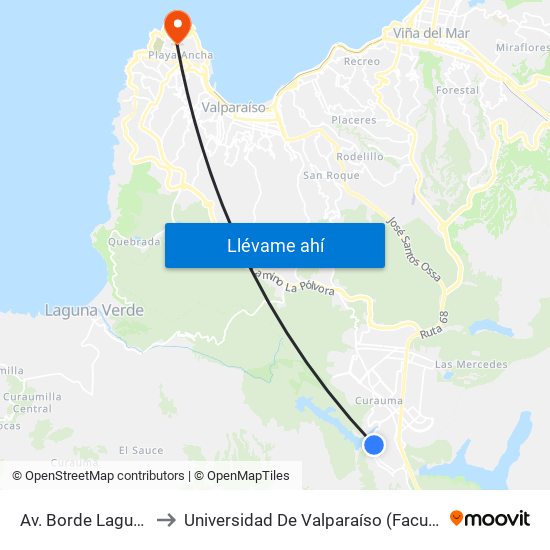 Av. Borde Laguna / Oriente to Universidad De Valparaíso (Facultad De Arquitectura) map