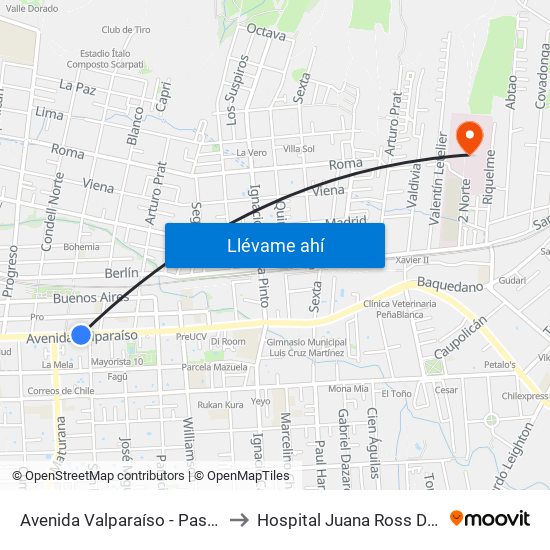 Avenida Valparaíso - Paseo La Torre to Hospital Juana Ross De Edwards map
