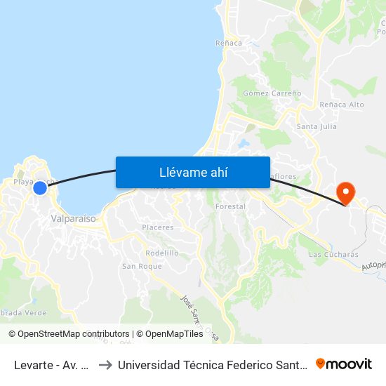 Levarte - Av. Playa Ancha to Universidad Técnica Federico Santa María Sede Viña Del Mar map