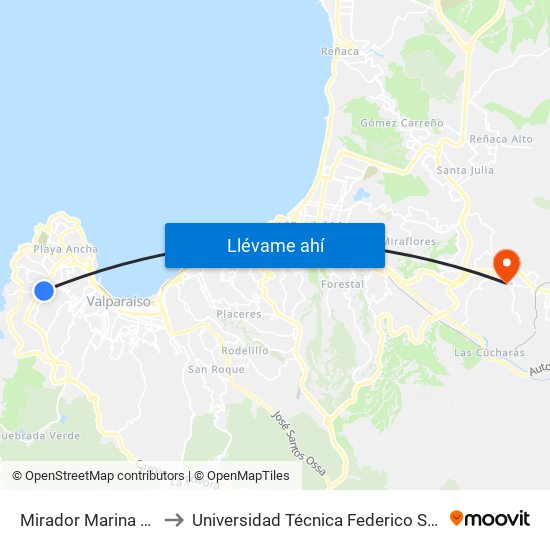 Mirador Marina Mercante Oriente to Universidad Técnica Federico Santa María Sede Viña Del Mar map