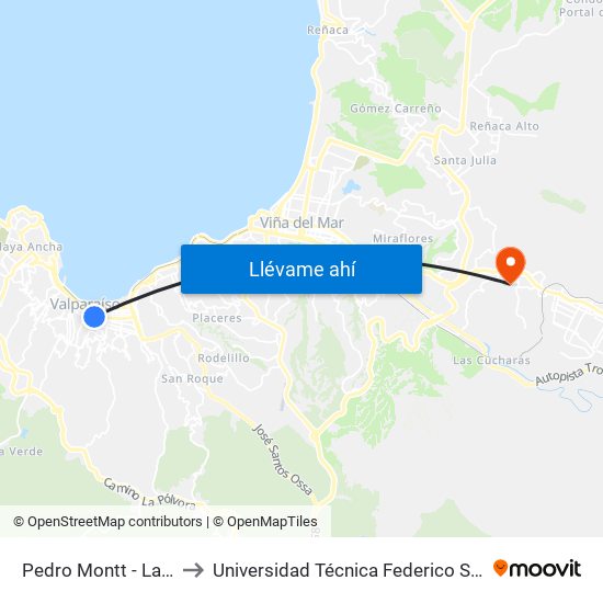 Pedro Montt - Las Heras / Oriente to Universidad Técnica Federico Santa María Sede Viña Del Mar map