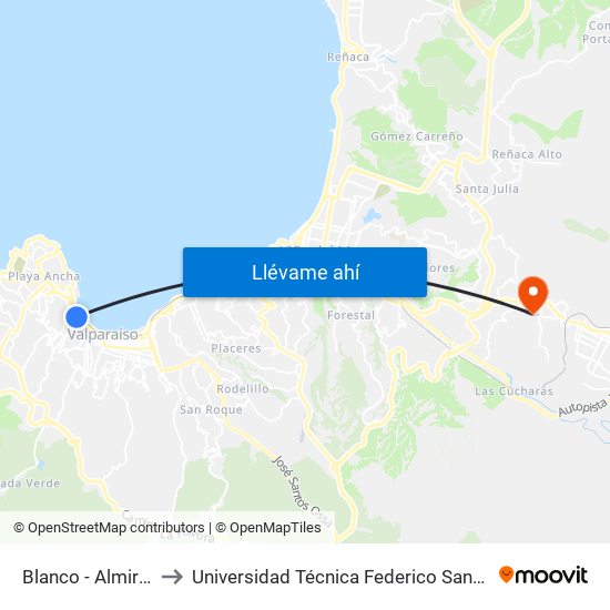 Blanco - Almirante Señoret to Universidad Técnica Federico Santa María Sede Viña Del Mar map