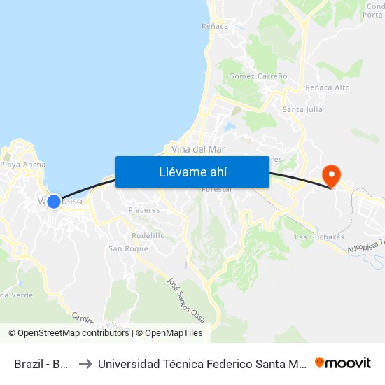 Brazil - Bellavista to Universidad Técnica Federico Santa María Sede Viña Del Mar map