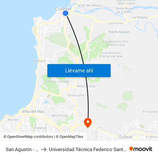 San Agustin - Calle 10 Sur to Universidad Técnica Federico Santa María Sede Viña Del Mar map