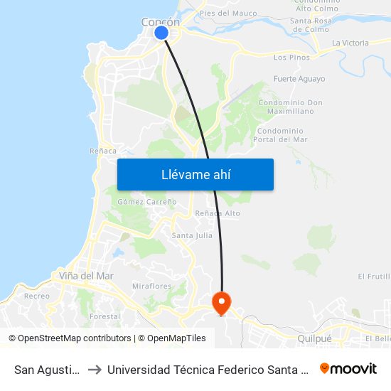 San Agustin - Calle8 to Universidad Técnica Federico Santa María Sede Viña Del Mar map