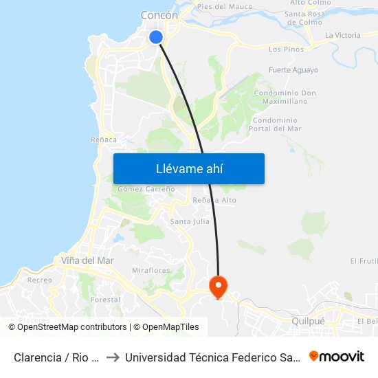 Clarencia / Rio De Oro Oriente to Universidad Técnica Federico Santa María Sede Viña Del Mar map