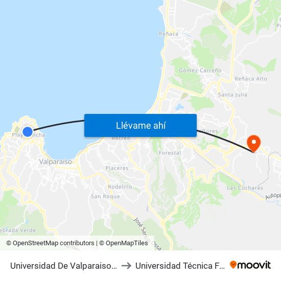Universidad De Valparaiso Facultad De Ciencias - Gran Bretaña / Oriente to Universidad Técnica Federico Santa María Sede Viña Del Mar map