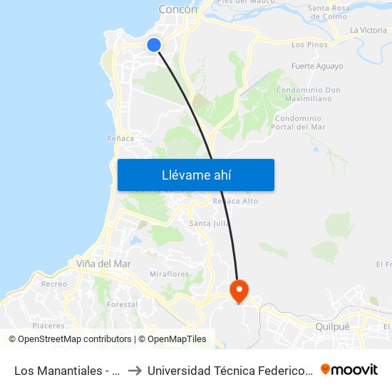 Los Manantiales - Segunda Transversal to Universidad Técnica Federico Santa María Sede Viña Del Mar map