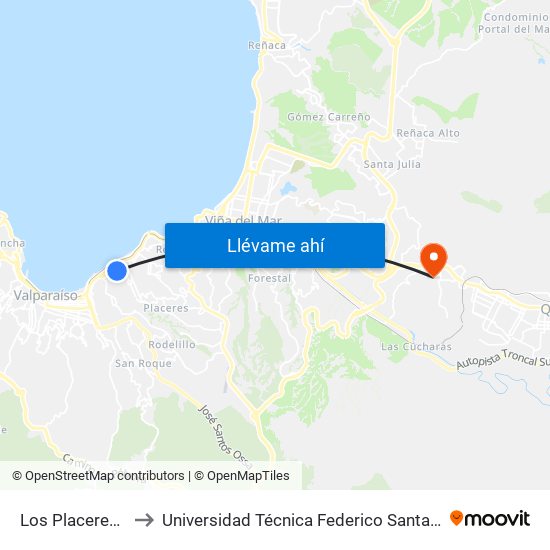 Los Placeres - San Luis to Universidad Técnica Federico Santa María Sede Viña Del Mar map