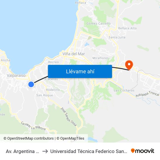 Av. Argentina - Casablanca to Universidad Técnica Federico Santa María Sede Viña Del Mar map