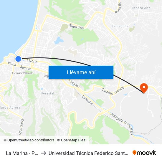 La Marina - Pte Ecuador to Universidad Técnica Federico Santa María Sede Viña Del Mar map