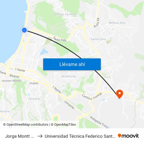 Jorge Montt Playa Del Sol to Universidad Técnica Federico Santa María Sede Viña Del Mar map