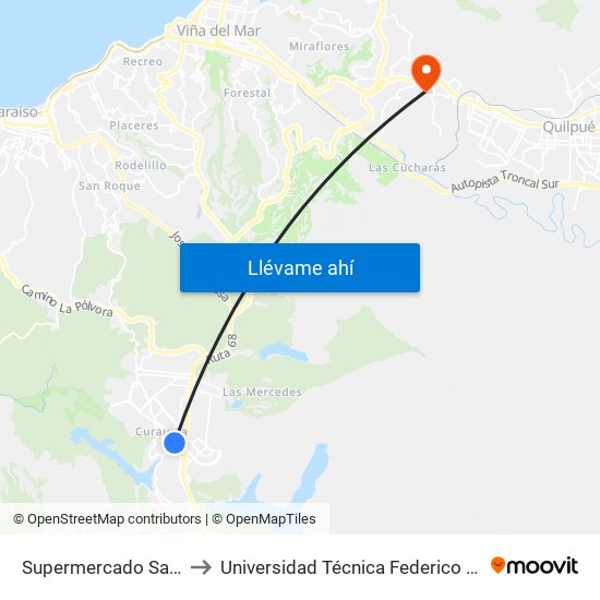 Supermercado Santa Isabel / Oriente to Universidad Técnica Federico Santa María Sede Viña Del Mar map