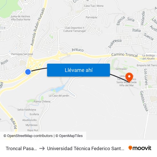 Troncal Pasarela 2 / Sur to Universidad Técnica Federico Santa María Sede Viña Del Mar map