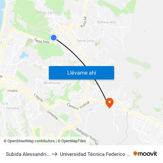 Subida Alessandri - Sta Ines / Oriente to Universidad Técnica Federico Santa María Sede Viña Del Mar map