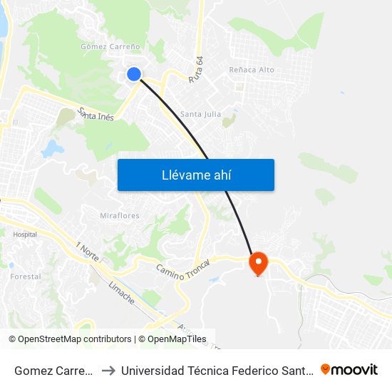 Gomez Carreño - Pacifico to Universidad Técnica Federico Santa María Sede Viña Del Mar map