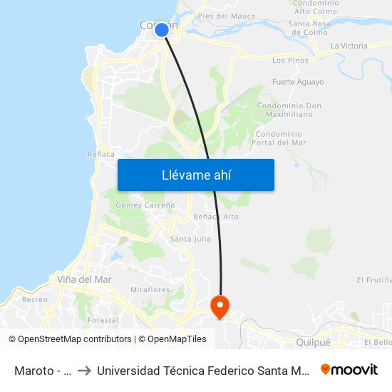 Maroto - Calle 8 to Universidad Técnica Federico Santa María Sede Viña Del Mar map