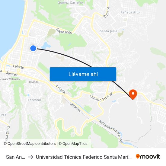 San Antonio to Universidad Técnica Federico Santa María Sede Viña Del Mar map