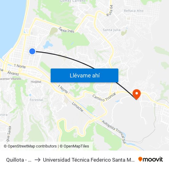 Quillota - 8 Norte to Universidad Técnica Federico Santa María Sede Viña Del Mar map