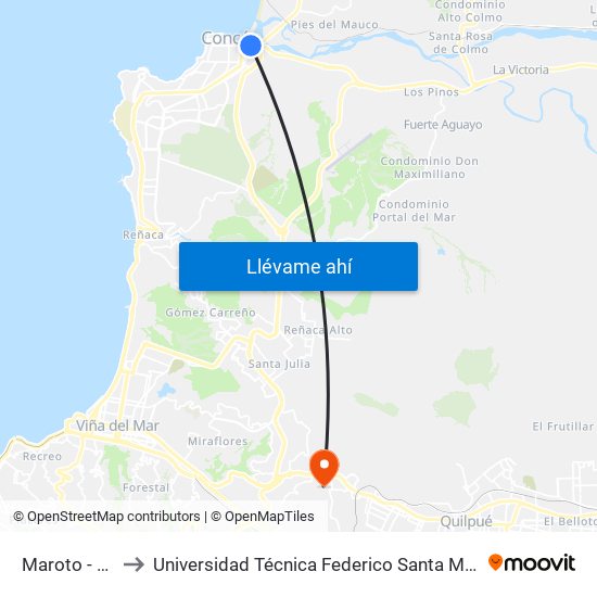 Maroto - Calle 13 to Universidad Técnica Federico Santa María Sede Viña Del Mar map