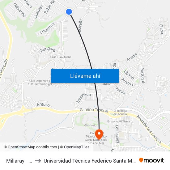 Millaray - Millaray to Universidad Técnica Federico Santa María Sede Viña Del Mar map