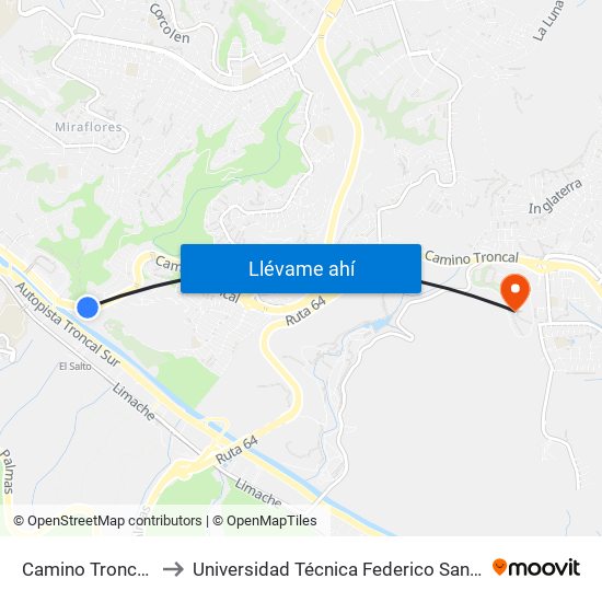Camino Troncal - Uno Norte to Universidad Técnica Federico Santa María Sede Viña Del Mar map