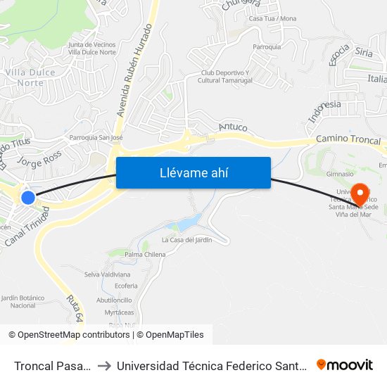 Troncal Pasarela / Norte to Universidad Técnica Federico Santa María Sede Viña Del Mar map