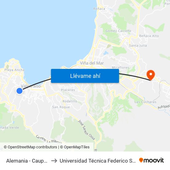Alemania - Caupolican / Poineitne to Universidad Técnica Federico Santa María Sede Viña Del Mar map