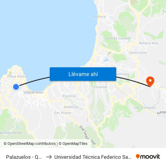 Palazuelos - Quebrada Verde to Universidad Técnica Federico Santa María Sede Viña Del Mar map