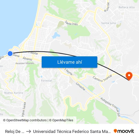 Reloj De Flores to Universidad Técnica Federico Santa María Sede Viña Del Mar map