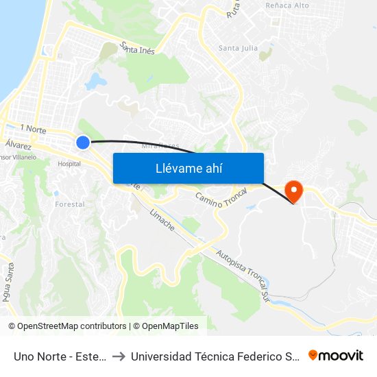 Uno Norte - Estero Marga Marga to Universidad Técnica Federico Santa María Sede Viña Del Mar map