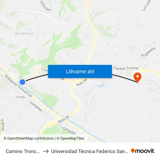 Camino Troncal - Uno Norte to Universidad Técnica Federico Santa María Sede Viña Del Mar map