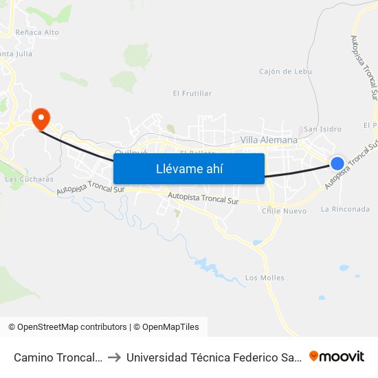 Camino Troncal - El Rincón Sur to Universidad Técnica Federico Santa María Sede Viña Del Mar map