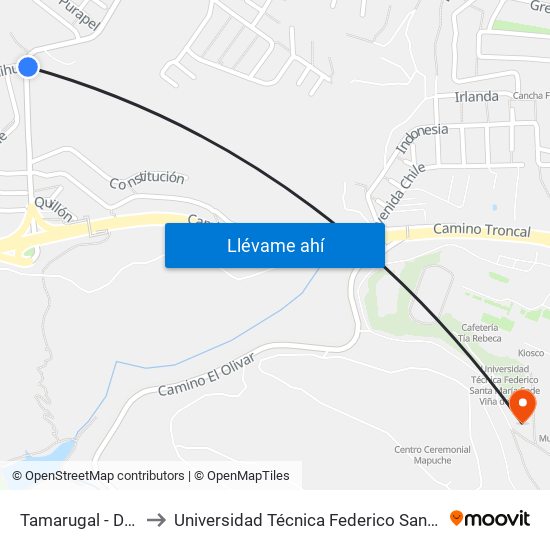 Tamarugal - Doñihue / Este to Universidad Técnica Federico Santa María Sede Viña Del Mar map