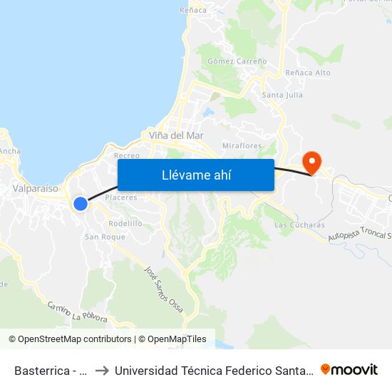 Basterrica - Fuentecilla to Universidad Técnica Federico Santa María Sede Viña Del Mar map