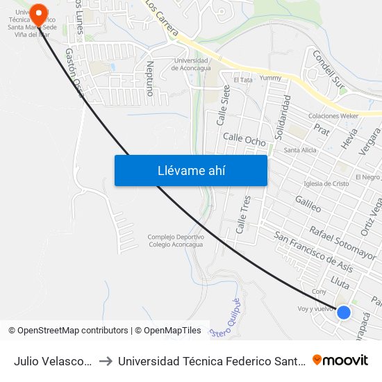 Julio Velasco - Ortiz Vega to Universidad Técnica Federico Santa María Sede Viña Del Mar map