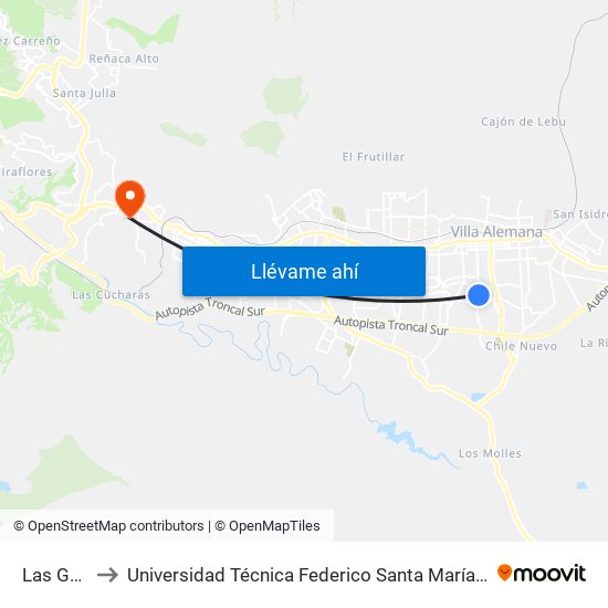 Las Garzas to Universidad Técnica Federico Santa María Sede Viña Del Mar map