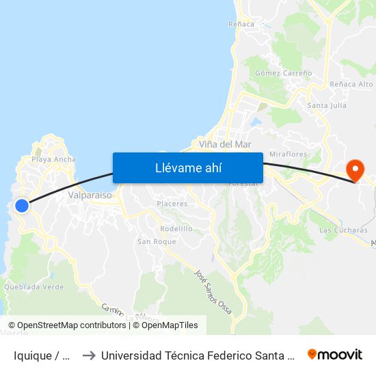 Iquique / Cavancha to Universidad Técnica Federico Santa María Sede Viña Del Mar map