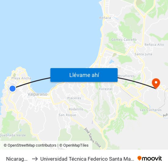Nicaragua, 437 to Universidad Técnica Federico Santa María Sede Viña Del Mar map